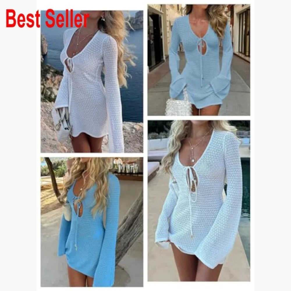 Crochet Mesh Knit Swimsuit Cover Up Dress with V-Neck and Long Sleeves